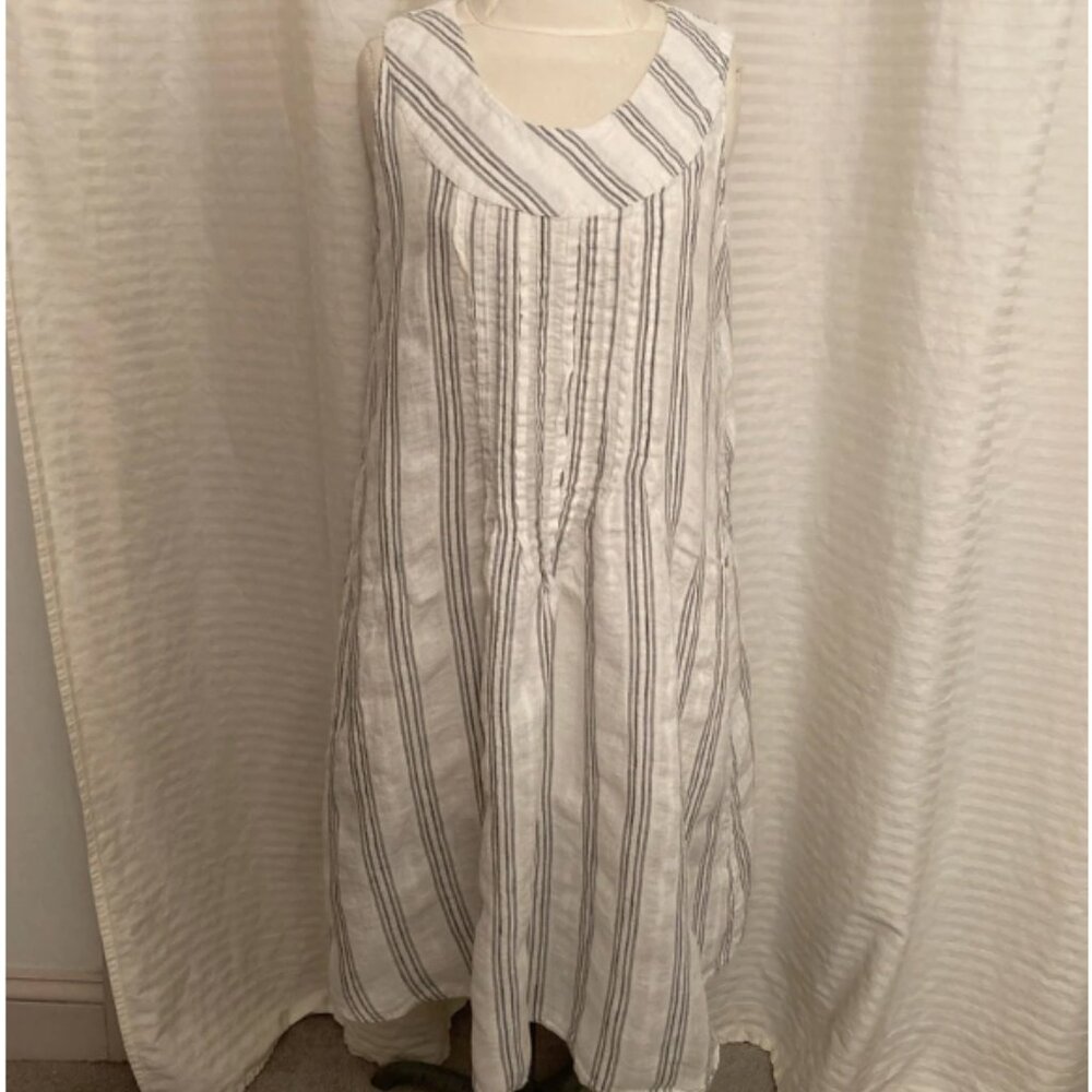 FLAX pintucked striped linen dress . black and white